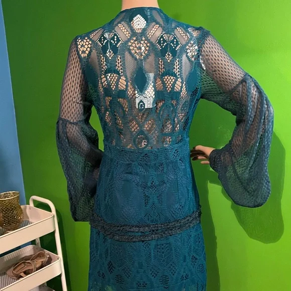 NWT $195 foxiedox | Gloria | Lace Dress with Sheer Arms in Sapphire & Teal Black - Picture 8 of 16